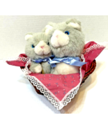 Basket with 2 Gray and White Plush Kittens with Blue Ribbons and Blanket... - £9.84 GBP