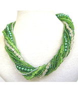 Vintage Kelly Green Torsade Necklace Pearl Carnival &amp; Givre Glass Bead 1... - £31.45 GBP