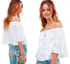 Free People Top Large 12 White Showing Shoulders Pockets Snaps 100% Cotton NWT - £50.32 GBP