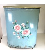 MCM Pearl Wick Hamper Lt Blue Floral Metal Wicker Mid Century Faux Marbl... - $135.00