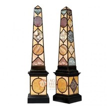 24&quot; Pair of Black Marble Obelisks Specimen with Italian Pietre Dure Mosa... - $7,547.07