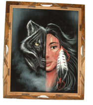 Vintage Oil Painting on Black Velvet Framed Wolf Lady Face Ortiz Mexico 23x19 - £95.50 GBP