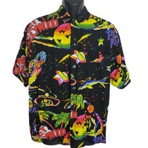 Vintage Planet Hollywood Hawaiian Shirt Black Large Cosmic Stars Fish Surfer - £103.24 GBP