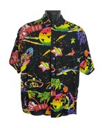 Vintage Planet Hollywood Hawaiian Shirt Black Large Cosmic Stars Fish Surfer - £103.30 GBP