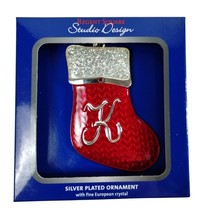 Silver-Plated Initial K Christmas Stocking Ornament With European Crystal - £5.36 GBP