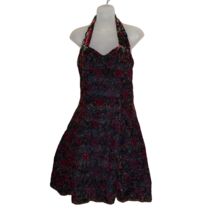 Vintage 90s Rampage Floral Velvet Halter Fit &amp; Flare Tulle Mini Dress Size 9 - £23.62 GBP