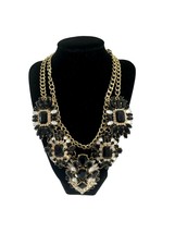 Black White Gold Toned Double Strand Statement Necklace Rhinestones 18&quot; Bling - £14.79 GBP
