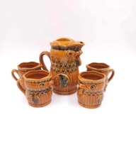 Vintage Chicken Rooster Teapot &amp; 4 Mug Set Figural Farmhouse Japan Ceramic - $39.45