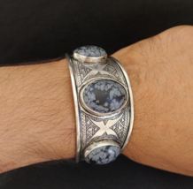 Moroccan Bracelet Tuareg Silver Snowflake Obsidian Handmade African Trib... - $138.60