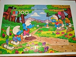 Smurfs Baseball Puzzle Complete 100 PC  16x11&quot; Good Condition Milton Bradley - £20.16 GBP