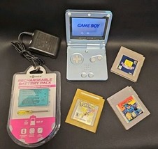 Nintendo Game Boy Advance SP AGS-101 Pearl Blue  w/Charger Pokémon Gold Mega Man - £131.64 GBP
