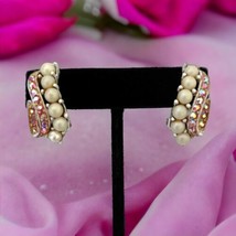  LEDO Crystal Clip On Earrings AB Pink Beaded White Washed Metal Vintage Sparkly - £17.98 GBP