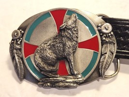 1993 Siskiyou Buckle Co Wolf Feather Enamel Buckle Leather 50” Dark Brown Belt - £35.58 GBP
