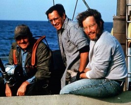 Jaws on Orca boat Robert Shaw Roy Scheider Richard Dreyfus smile between takes - $9.75