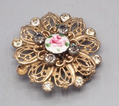 Vintage Porcelain Rhinestone Filigree Brooch Design - $43.81