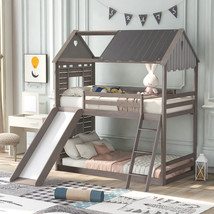 Twin Over Twin Bunk Bed Wood Bed with Roof Window Slide Ladder  - £529.86 GBP