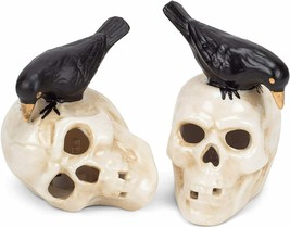 Skull w/ Black Crow 4 x 3 Porcelain Light Up Halloween Figurine Set 2 - £18.98 GBP