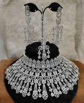 Bollywood Style 925 Silver Plated CZ Bridal Necklace Earrings Tikka Jewelry Set - £300.25 GBP