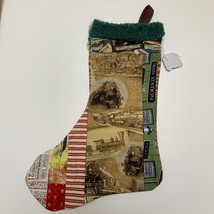 Christmas Stocking Quilted Patchwork Fabric Train Travel NEW 15” Handmade - $11.46