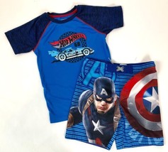 Marvel Captain America Boys Swim Shirt &amp; Shorts Trunks Size 7 Small - £8.91 GBP