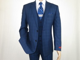 Mens Renoir 3 Piece Vested Suit Glenn Plaid Notch Lapel Business 278-2 Navy Blue - £127.06 GBP