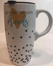 Clay Art Life is Better With Friends Ceramic Coffee Mug w/ Black Lid 16 oz Latte - $34.65