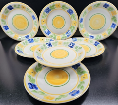 7 Gibson Floral Dinner Plates Set Vintage Blue Yellow Flower Green Leaf ... - $88.77