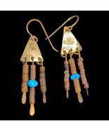 Vtg Natural Turquoise Gold Tone Beaded Triangle Star Hook Dangle Southwe... - $14.60