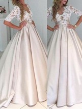 Half Sleeves A-line White Satin Wedding Dress Floor Length Women Bridal ... - $189.60