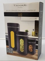 *L) Set 3 Tahari Home Signature Stainless Steel Glass Black Canister 17T... - $470.96 MXN