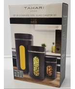 *L) Set 3 Tahari Home Signature Stainless Steel Glass Black Canister 17T... - £20.08 GBP