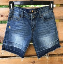 Girls Sz 8 Modest Stretch Jean Shorts Blue Denim Stonewash Distressd Lucky Bran - £13.18 GBP