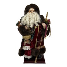 VTG Grandeur Noel Fabric Santa Claus 16 Inch Tall 2001 Girl Wood Base Christmas - £25.37 GBP