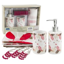 Floral Bathroom Set Pink &amp; Beige Soap Lotion Dispenser Shower Curtain - $11.39