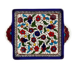 Armenian Ceramic Square Tray Handles Flower Jerusalem Décor Colourful 6&quot; x 4.5&quot; - $24.50