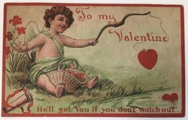 Antique PC To my Valentine He&#39;ll get You if you don&#39;t Watch Out Fishing for Love - £11.78 GBP