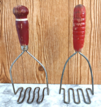 Vtg Red Wood Handle Potato Masher Set of Two 1930s - 60s Kitchen Utensils - $19.75