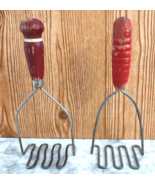 Vtg Red Wood Handle Potato Masher Set of Two 1930s - 60s Kitchen Utensils - $19.75