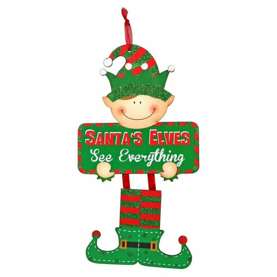 Elf Christmas Sign-SANTA ELVES SEE EVERYTHING-Holiday Home Wall Door Dec... - $3.77