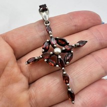 Vintage Sterling Silver 925 Women&#39;s Jewelry Pendant Cross Bogemian Garnet 8.7 gr - £180.35 GBP