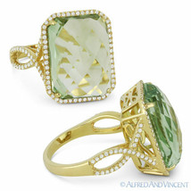10.85 ct Cushion Cut Green Amethyst &amp; Diamond Pave 14k Yellow Gold Cocktail Ring - £895.90 GBP