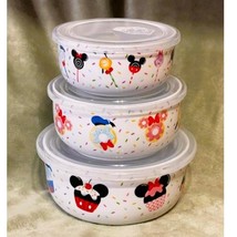  Disney Mickey &amp; Friends Sweet Treats Ceramic Microwave Bowls w/Vented L... - £32.85 GBP