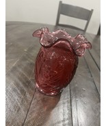 Fenton Cranberry Daffodil Vase Art Glass Pink Vintage Large 5”  Ruffled Rim - $34.64