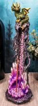 Green Gaia Baby Dragon Guarding Faux Geode Crystal Rock Pillar Incense Burner - £19.76 GBP