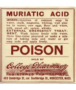 1 Vintage Pharmacy Label MURIATIC ACID POISON College Pharmacy Worcester... - $847.09 MXN