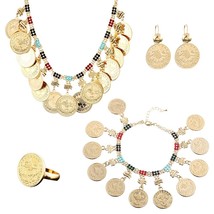 Luxury Dubai Gold Coin Pendant Necklace Bracelet Set for Women Fashion Crystal B - £53.20 GBP