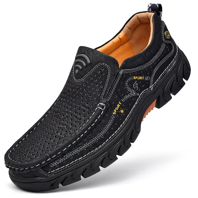 Men&#39;s Real Leather Summer Men Sneakers Breathable Design Handmade Leisure Men Fl - £57.55 GBP