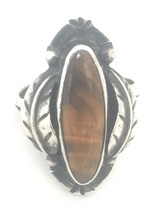 Vintage Sterling Silver Tiger Eye Ring Mexico Size 7 Leave Feather Tribal 5.2g - £53.97 GBP