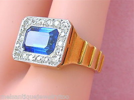 Vintage Retro .65ctw Mine Diamond 3ct Emerald Cut Synth. Sapphire 18K Ring 1940 - £1,537.12 GBP