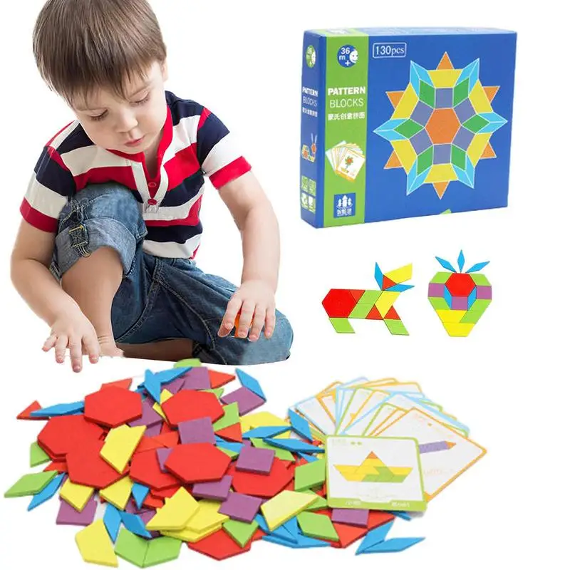 Wooden Pattern Block Set Of 130 Block Puzzles Montessori Toy Early Geometry - £24.40 GBP+